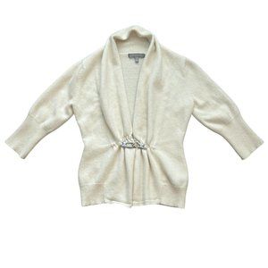 Neiman Marcus sandy-beige cashmere silver hook closure cardigan sweater Sz Small